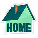 illustration of a house shaped sticker with the word home in it