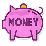 illustration of a sticker shaped like a piggybank with the word money overlaid