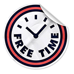 illustration of a sticker shaped like a clock face with the words free time on it