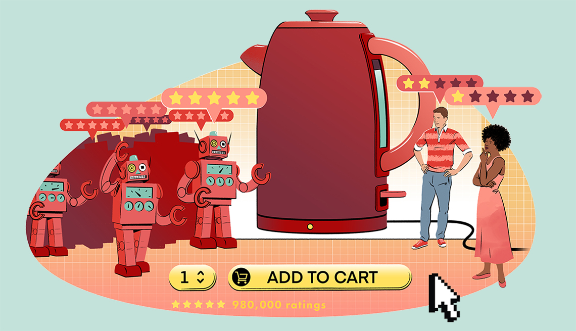 illustration of online product review concept showing more robots than real people offering reviews