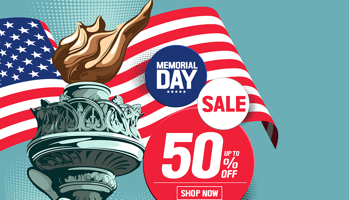 Ilustración de una publicidad de ventas para el Día de recordación con la bandera de Estados Unidos y la Estatua de la Libertad.