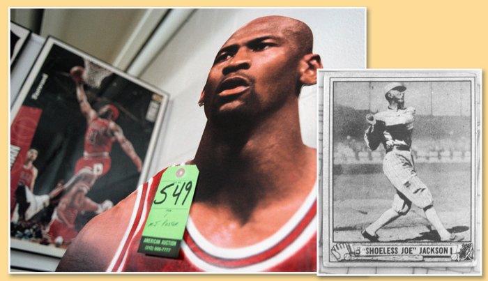 item 8 of Gallery image assorted sports memborabilia a basketball poster of dennis rodman a lifesize cutout of michael jordan and a baseball card of shoeless joe jackson