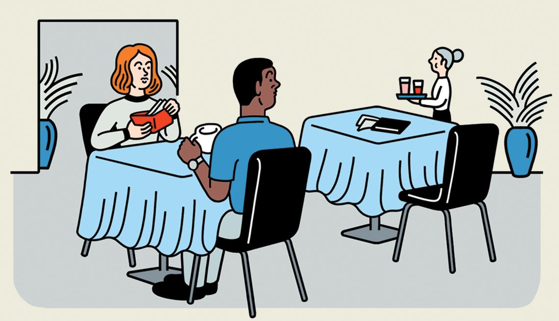 Ilustración de una pareja sentada a la mesa de un restaurante.