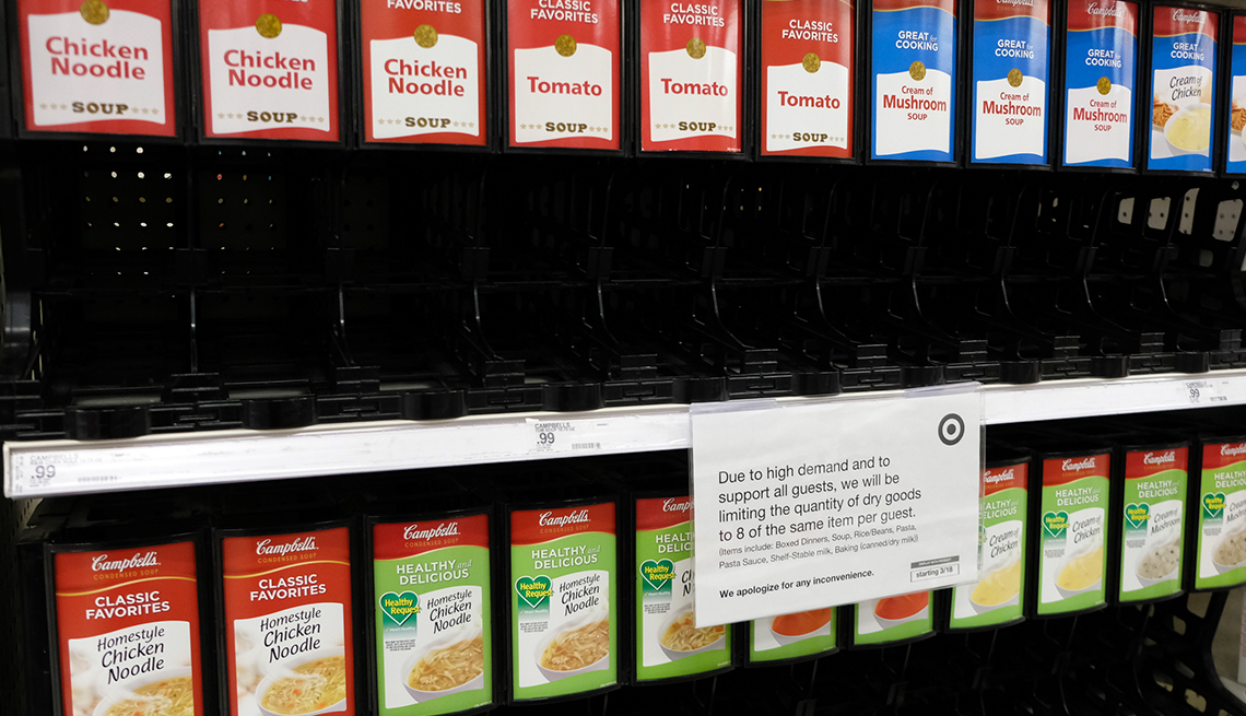 grocery shelves that stock canned soup are empty at Target during the coronavirus pandemic