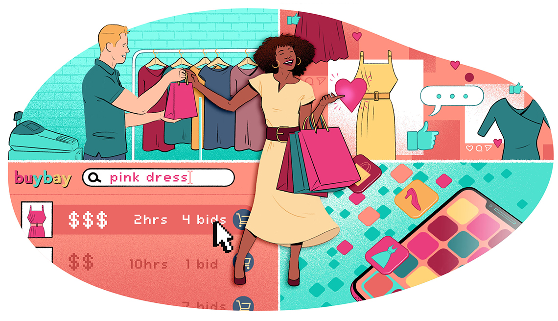 Ilustración de una mujer de una tienda de ropa con bolsas en la mano