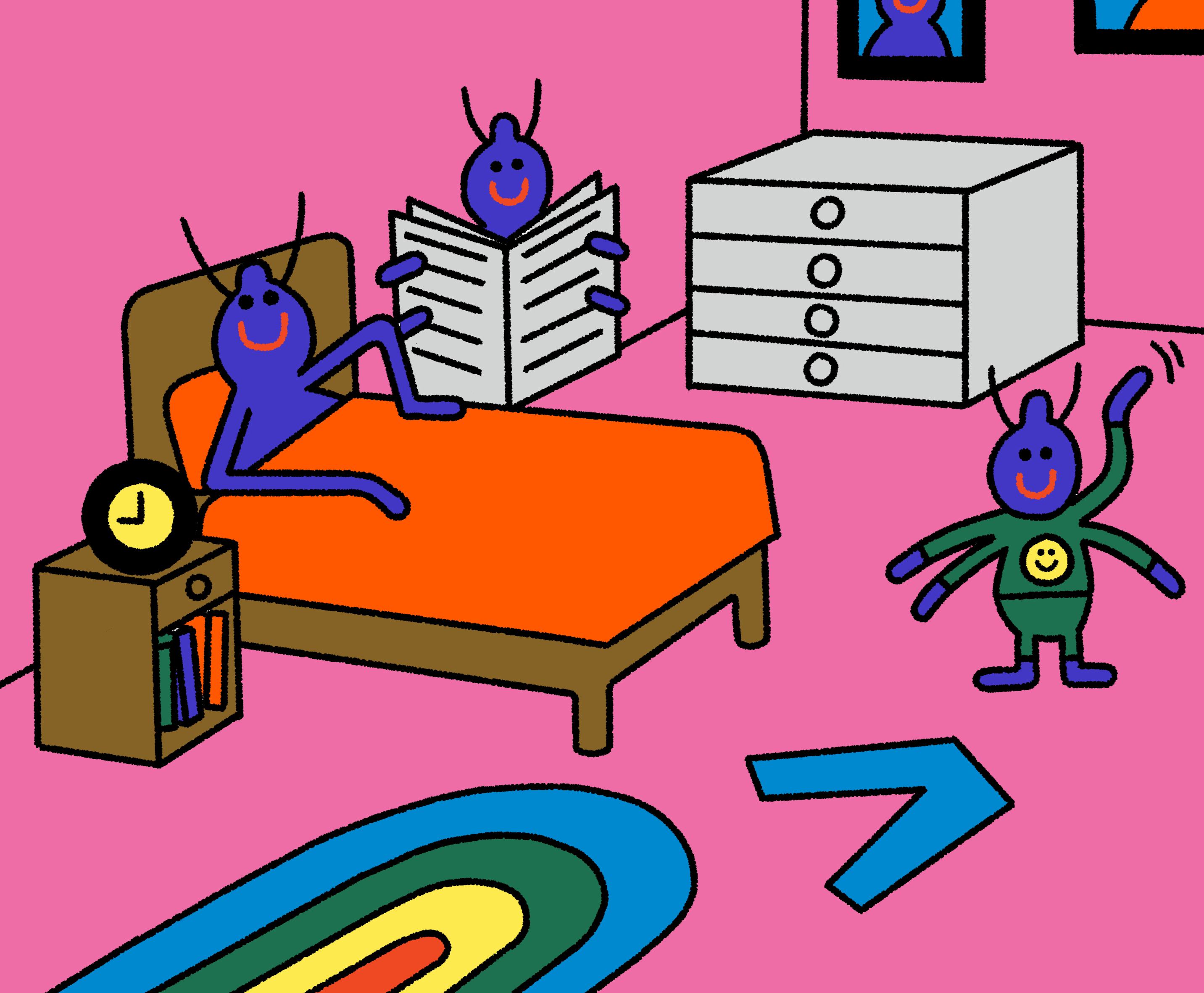 cartoon of human sized budbug family having a party in a bedroom