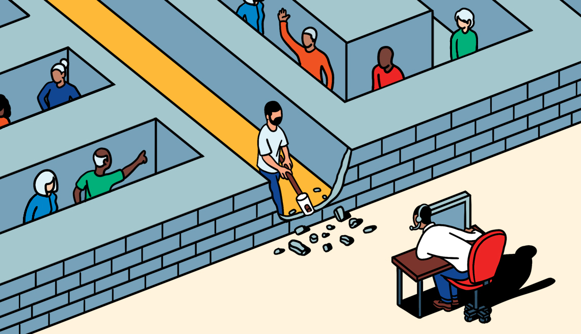 illustration of a brick maze of lost people and a man breaking through to the outside where a customer service person is sitting at a desk