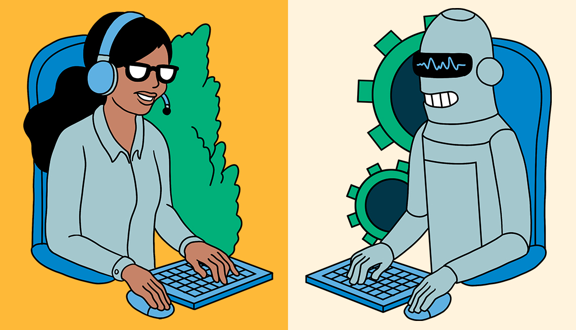 Ilustración - A la derecha una mujer trabajando como agente de servicio al cliente, al otro, un robot hace la misma tarea.
