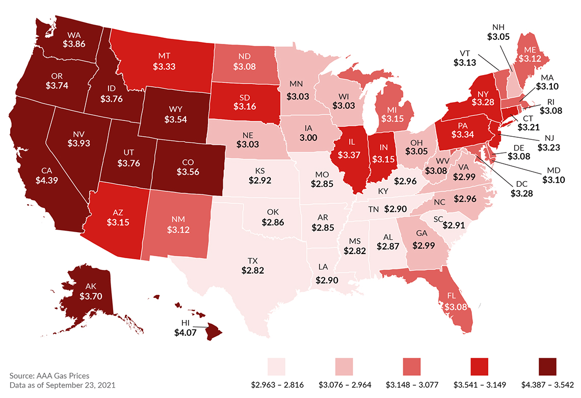 map of united states showing average cost of gas per gallon in each