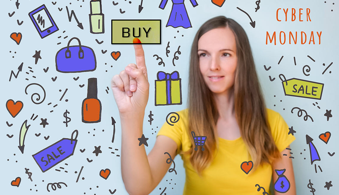 Mujer toca el botón comprar sobre una pantalla virtual en medio de productos e íconos de venta.