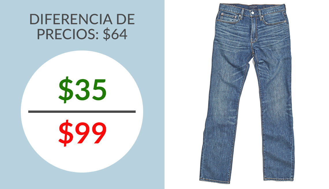 Jeans Lucky para hombre (estilo 121 Slim Straight) al lado de una tabla comparativa de diferencia de precio de 64, entre 35 y 99