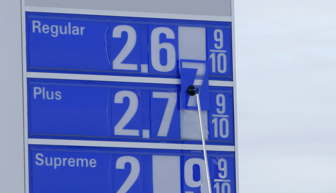 closeup of a gas station price board with a pole changing the numbers