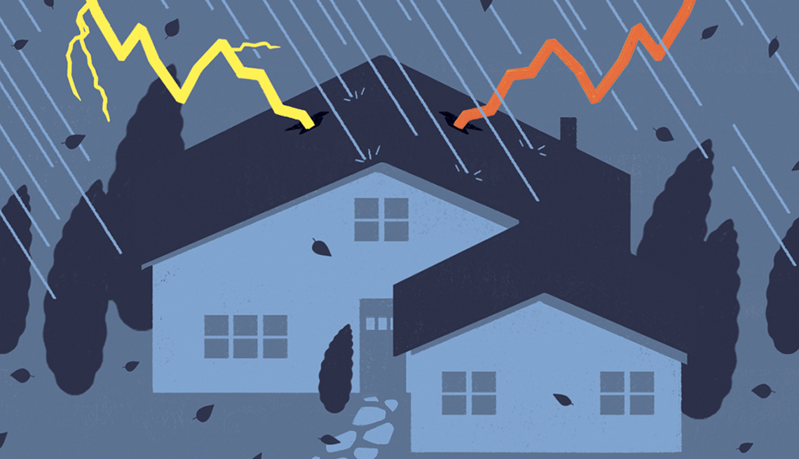 an illustration of a house being hit by two bolts of lightning