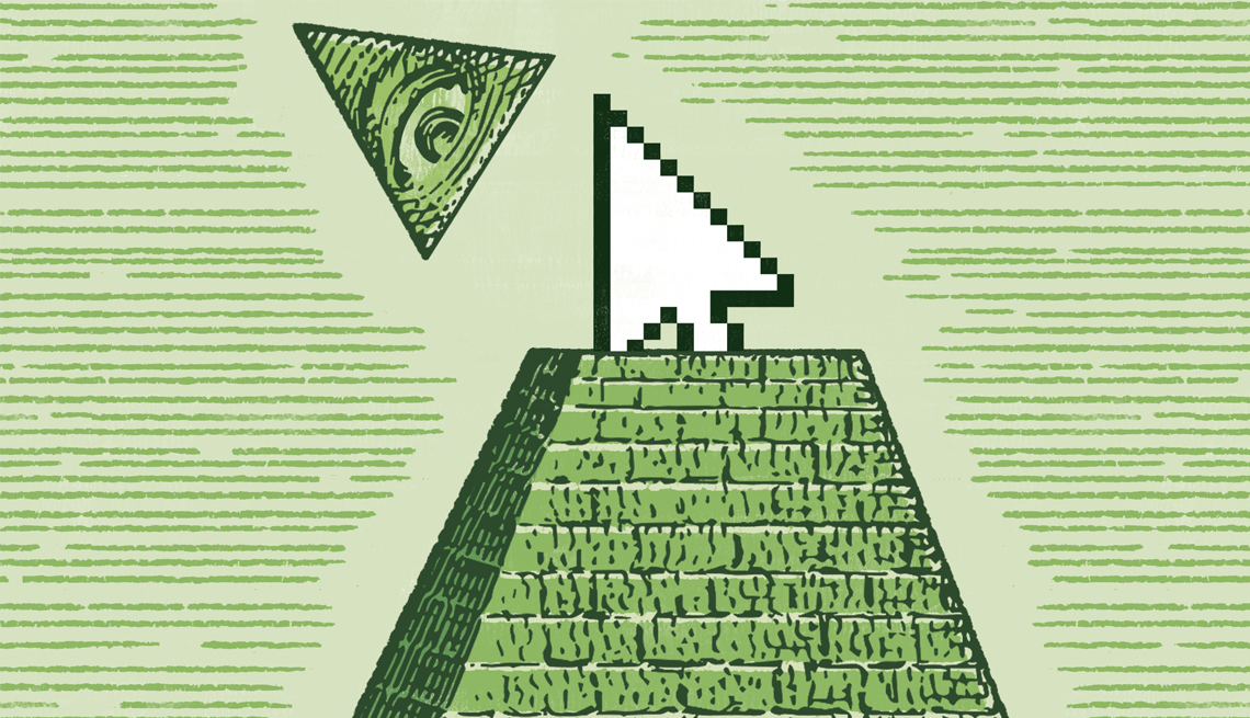 Ilustración de una pirámide hecha de dólares de la cual sale una flecha.