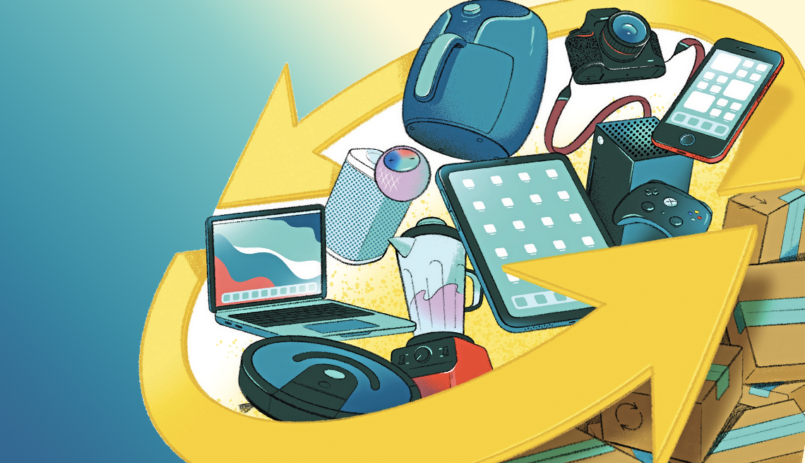 Ilustración de una flecha que envuelve varios artículos como una tableta, un teléfono, y una licuadora encima de unas cajas 