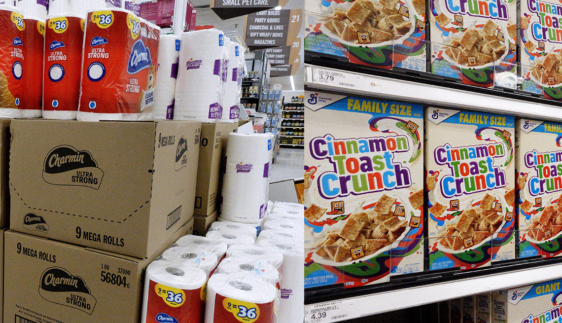 split-screen photo of a supermarket stack of toilet paper packages and a long aisle of shelves with cereal boxes