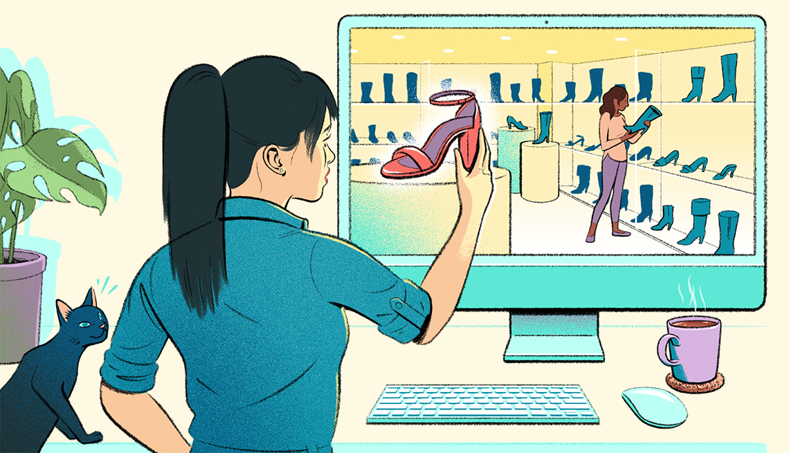 Ilustración de una mujer viendo una tienda de zapatos en su computadora mientras sostiene un tacón en su mano.