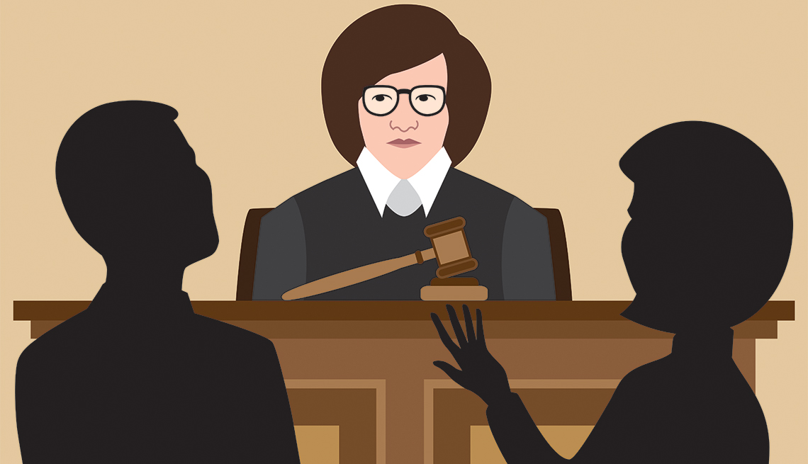 An illustration of a court hearing with a judge sitting on the bench listening to 2 litigants depicted in silhouette facing her. 