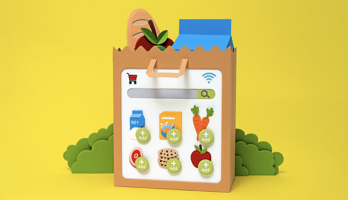 Ilustración de una bolsa de cartón con alimentos y una aplicación para pedirlos en línea