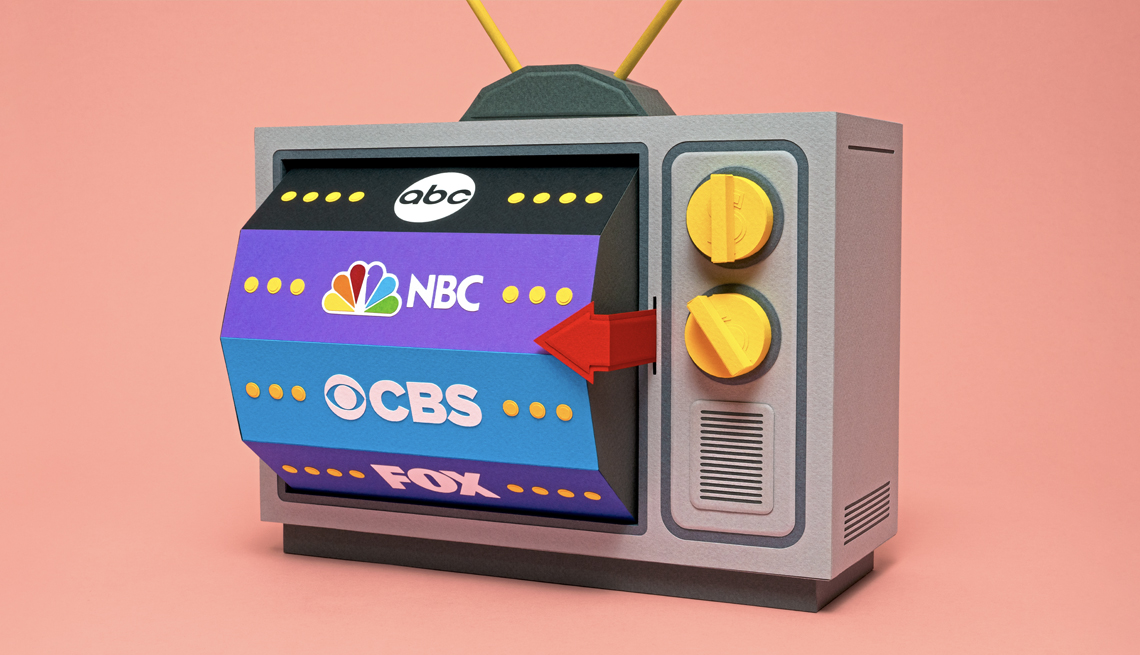 illustration of an antique t v showing different popular news channels to choose from
