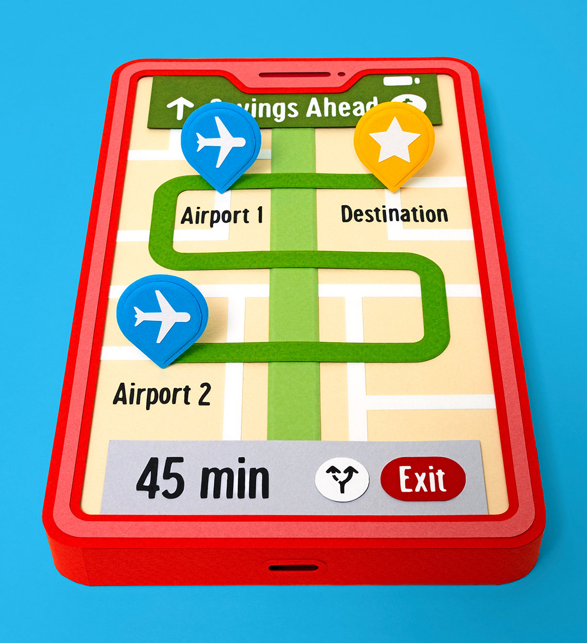 Ilustración de un teléfono móvil con un mapa para llegar al aeropuerto