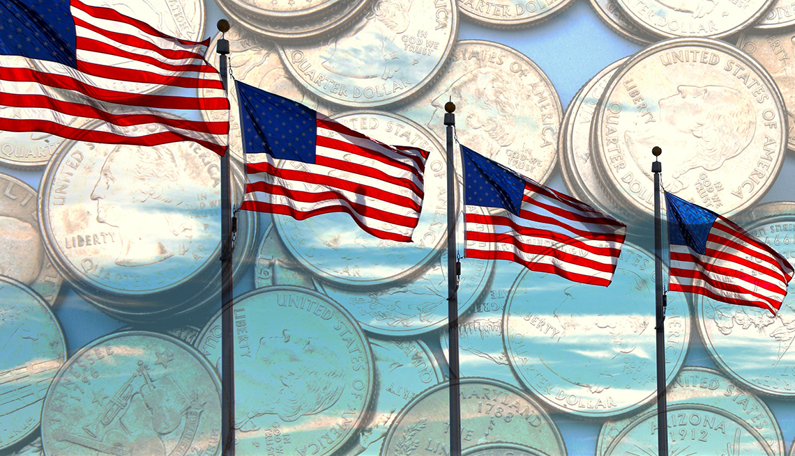 Row of USA flags overlaid on background of US quarters. 