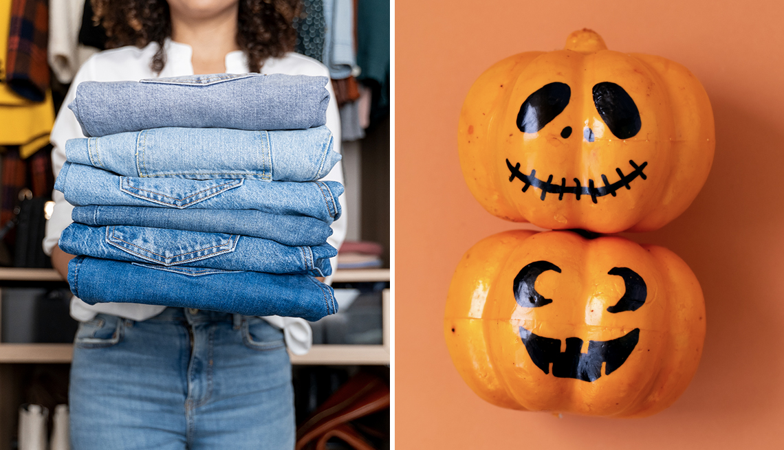 left a woman holding folded blue jeans right two painted jack o lanterns