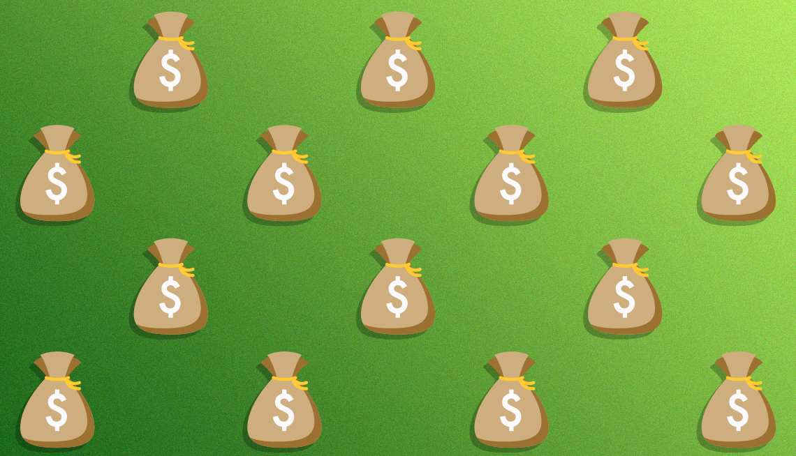 Ilustración de fondo verde con bolsas de dinero