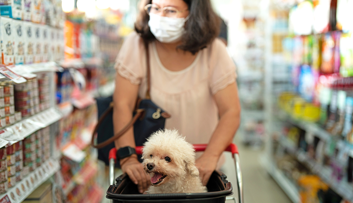 Mujer lleva su perrito en un carrito de compras en una tienda para mascotas
