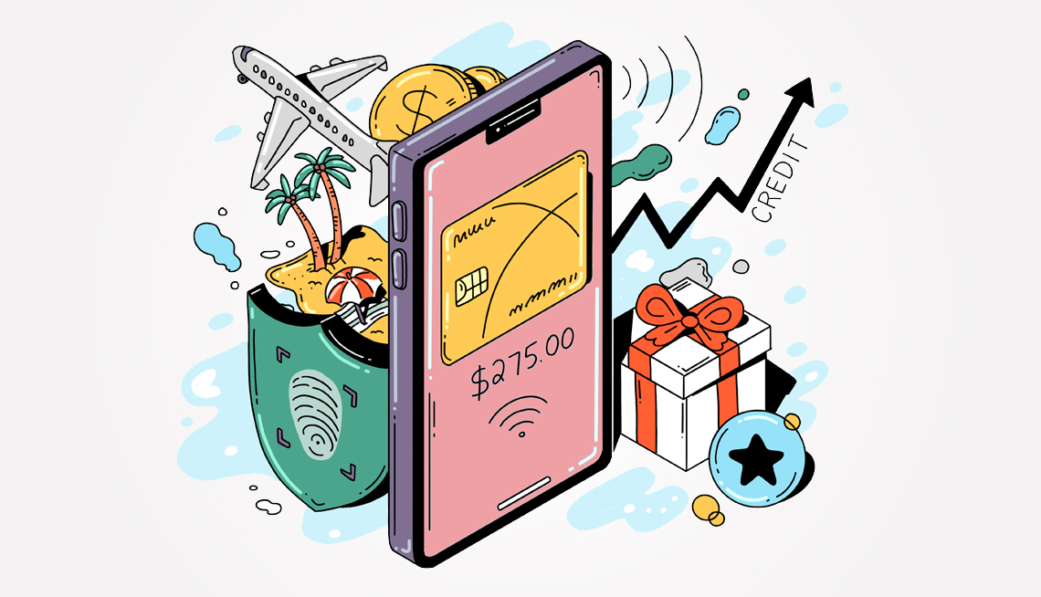 Ilustración de un teléfono con una tarjeta de crédito en la pantalla y al lado de regalos