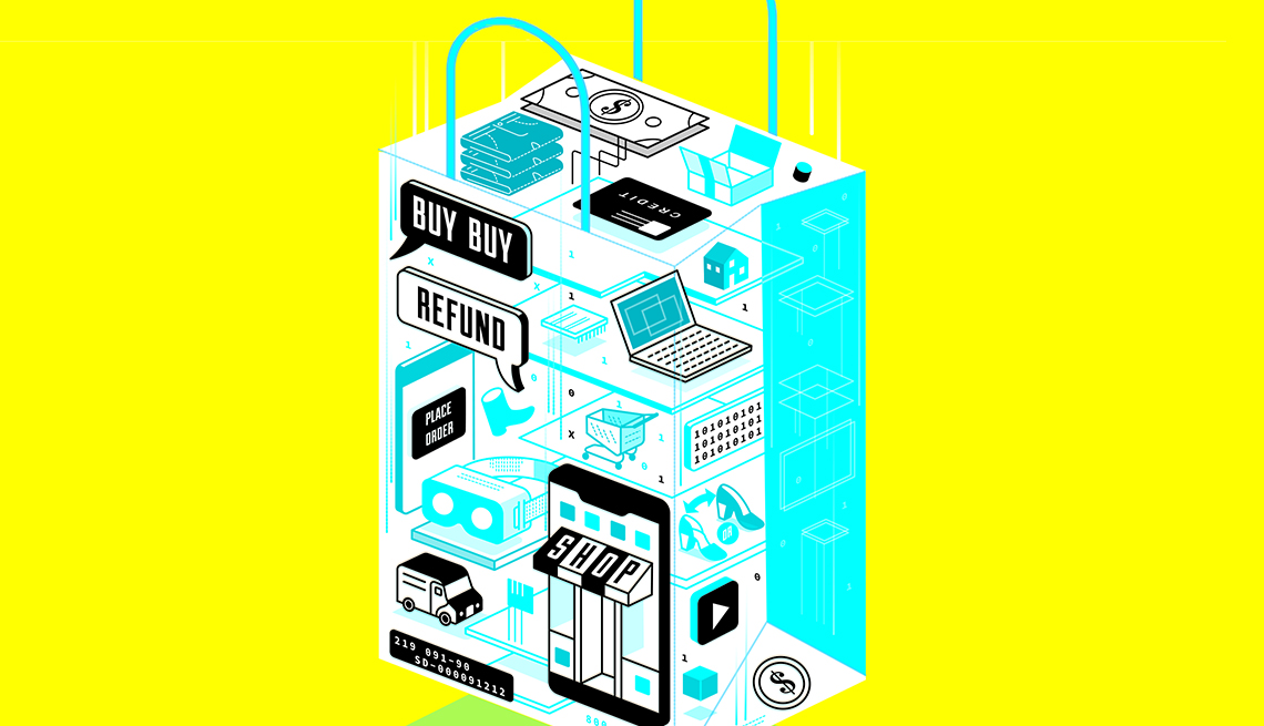 Ilustración de una bolsa con métodos modernos para hacer compras en línea y realidad virtual