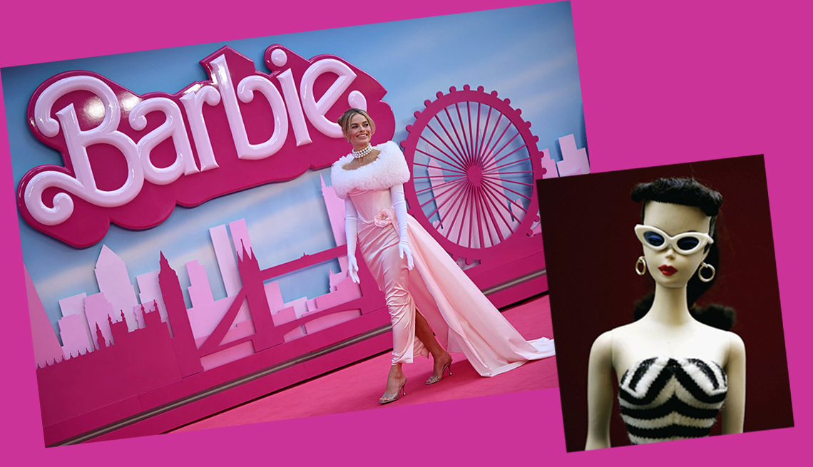 item 2 of Gallery image - Actriz Margot Robbie en la alfombra rosada de la premier de la película Barbie y al lado un modelo de una barbie