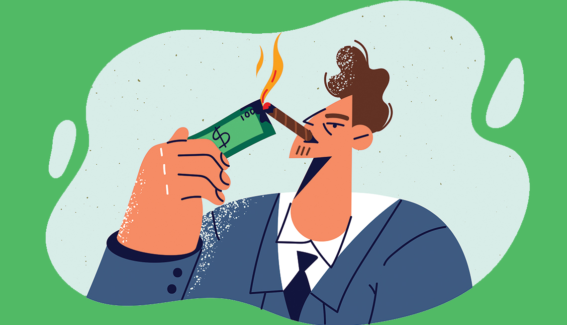 Ilustración de un hombre que fuma un tabaco y quema un billete de dólar con él. 