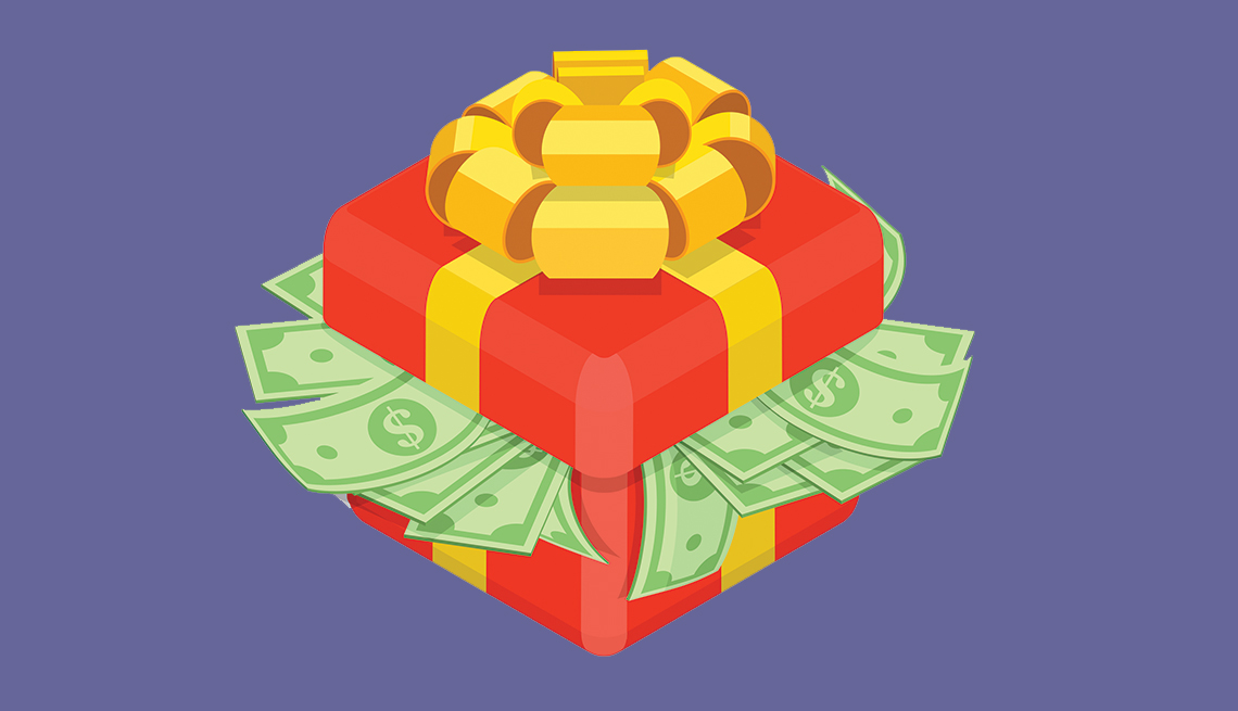 Ilustración de una caja de regalo envuelta para fiestas con dinero en efectivo saliendo de debajo de la tapa.