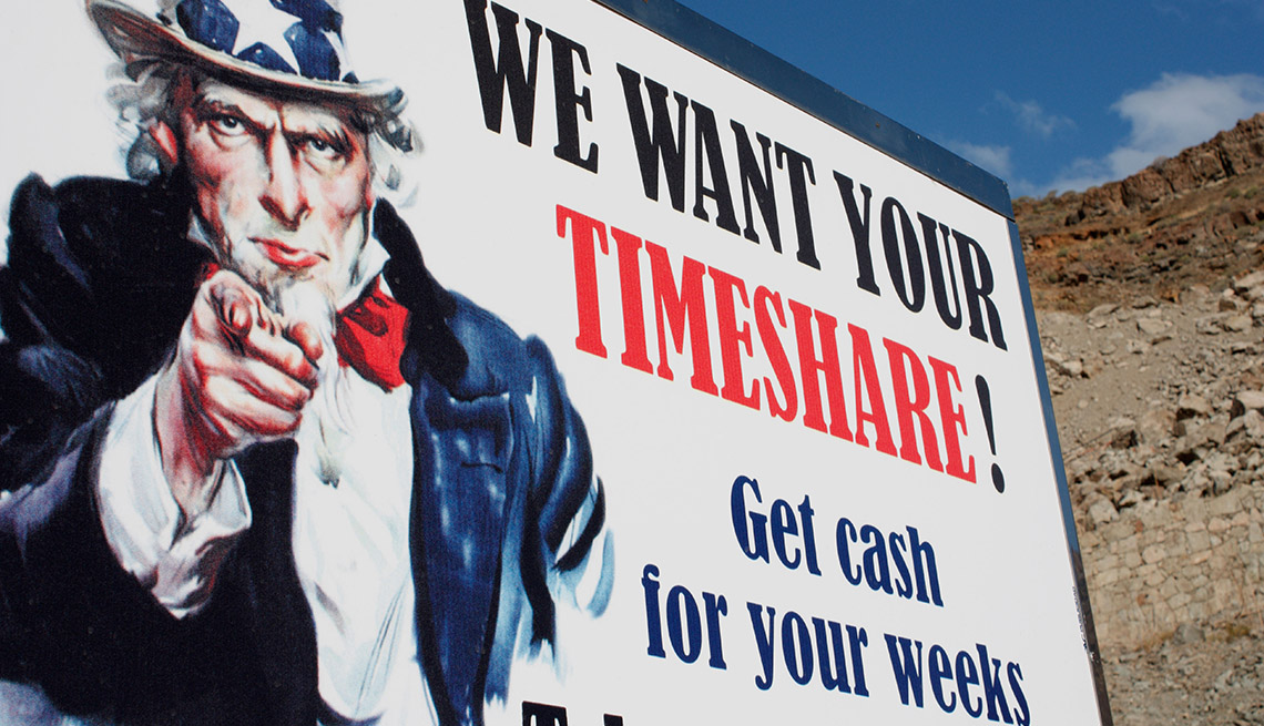 "We want your Timeshare" sign near Puerto Rico on Gran Canaria in the Canary Islands