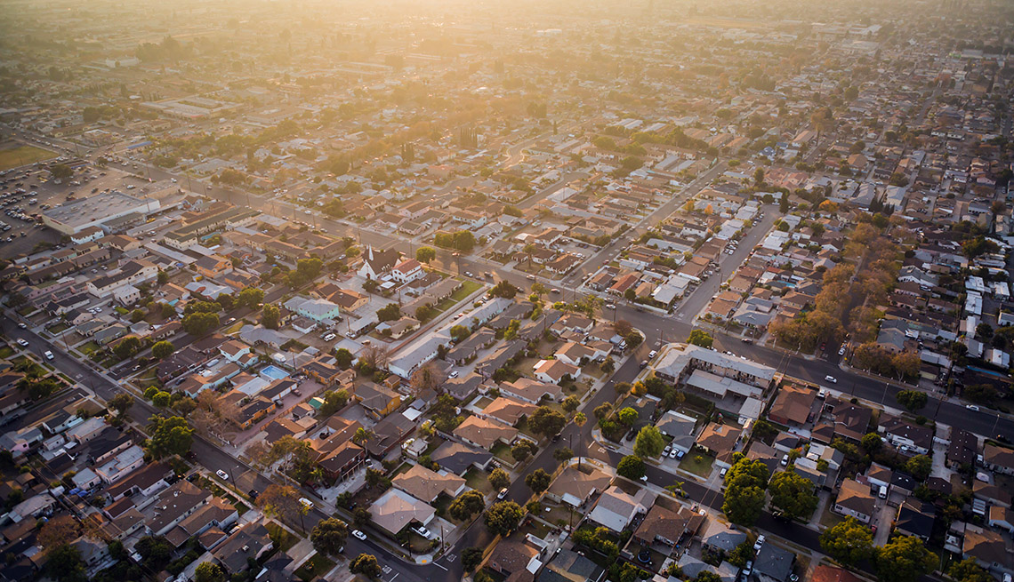 Hazy aerial view of a Southern California neighborhood at sunset 