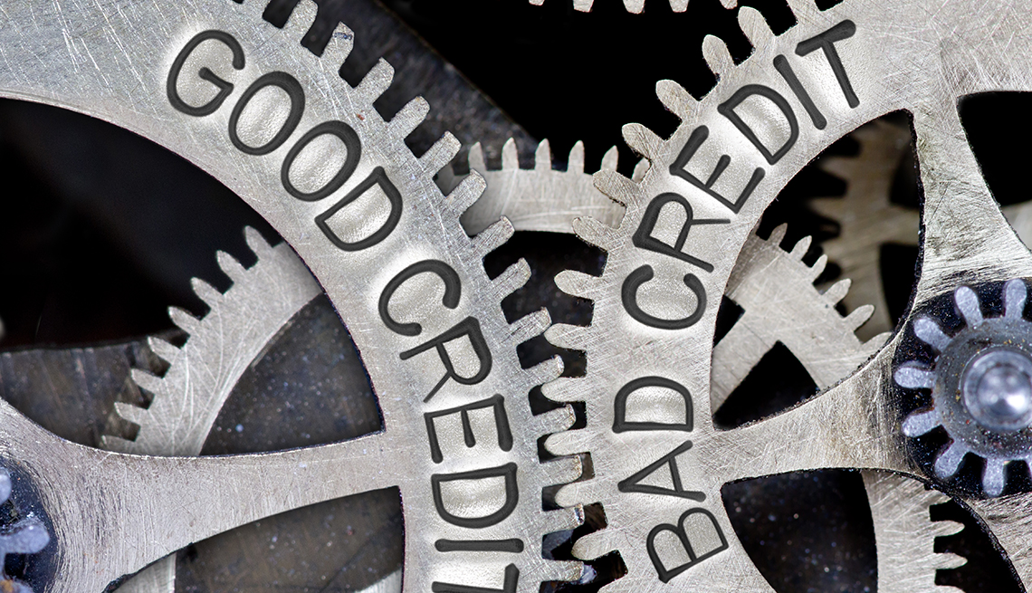 mechanism of two engaged gear wheels labelled as good credit, bad credit