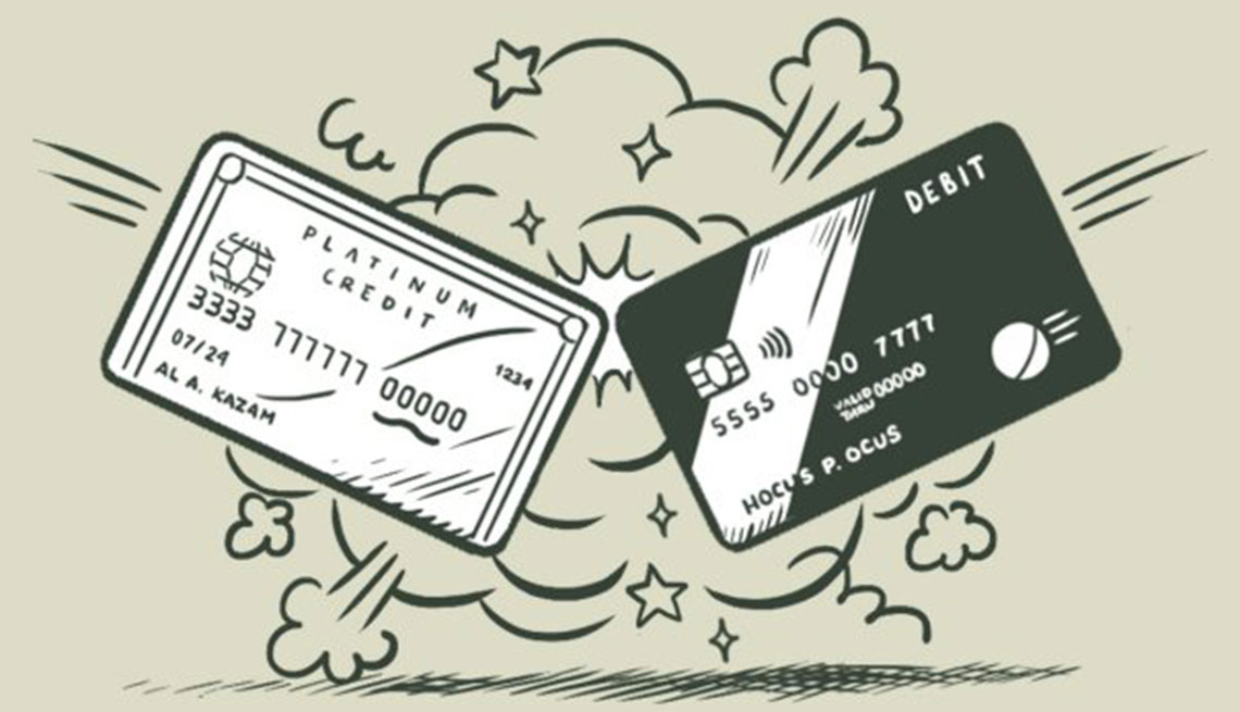 Ilustración de dos tarjetas de crédito que van a colisionar y sale humo a su alrededor