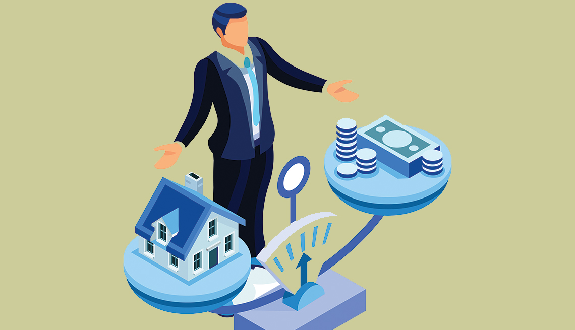 Ilustración de un hombre en medio de una balanza con una casa en un extremo y dinero en efectivo en el otro. 