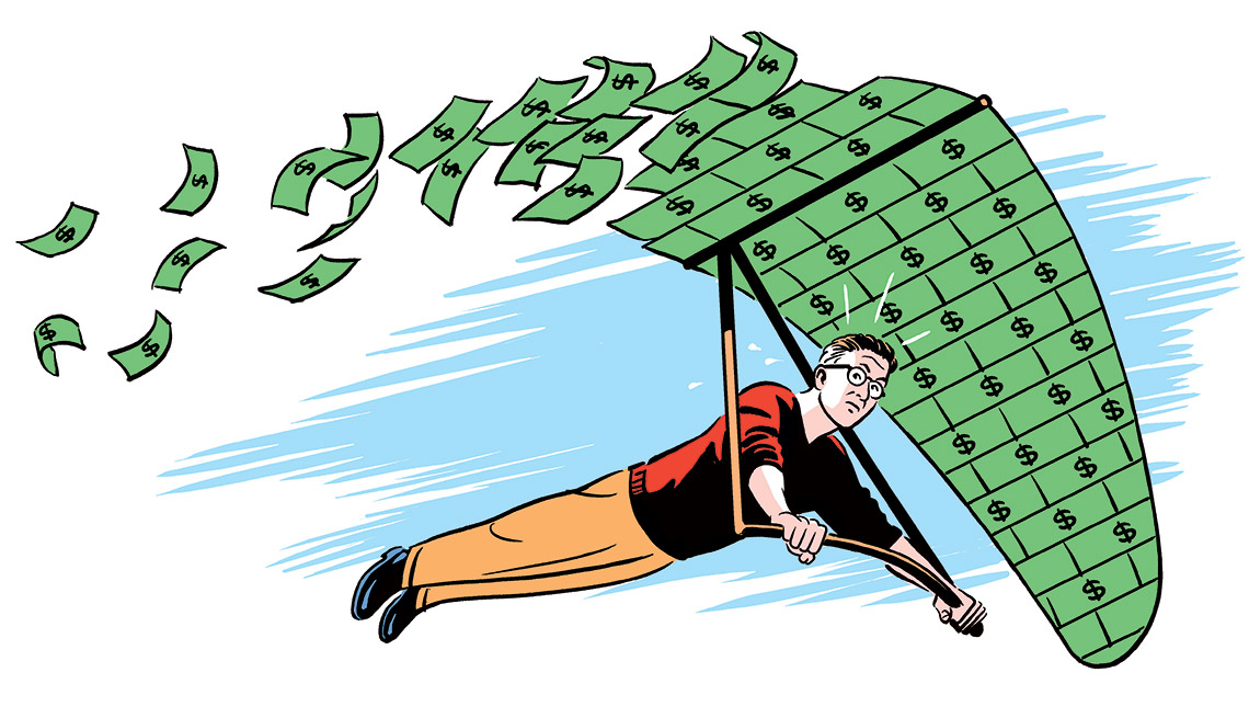 Ilustración de un hombre volando en un parapente cuya ala es de dinero - Cómo hacer que el dinero dure siempre