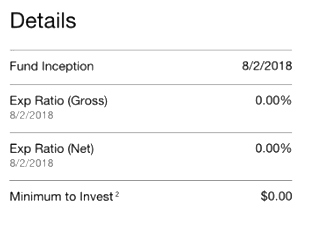 Chart the reads: Details, Fund Inception 8/2/2018, Exp Ratio (Gross) 8/2/2018 0.00%, Exp Ratio (Net) 8/2/2018 0.00%, Minimum to Invest2 $0.00