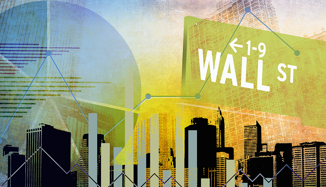 Illustration of wall street sign and city backdrop