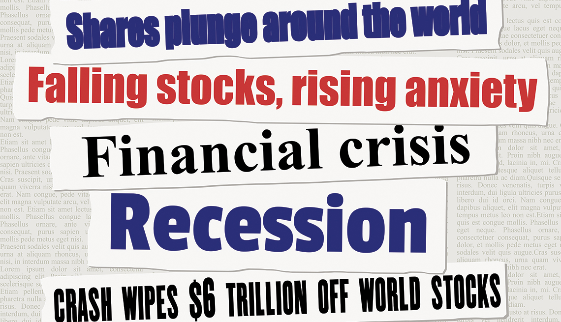 Varios recortes de titulares de periódicos que dicen caída del mercado, crece la ansiedad, crisis financiera, recesión