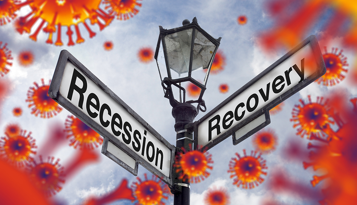an illlustrated lampost over a coronavirus background with two street signs at 90 degree angle showing the words "Recession" and "Recovery" 