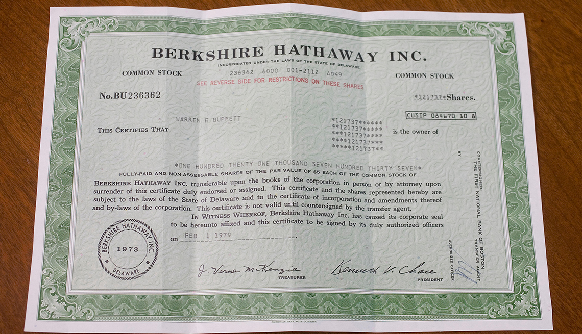 A stock certificate representing 121,737 shares of Class A stock in Berkshire-Hathaway Inc. 