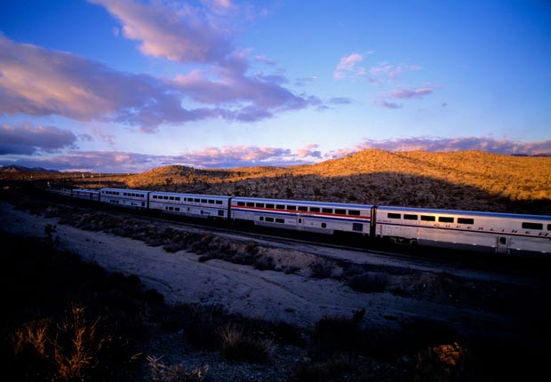 Amtrak train at sunset in California (Mediacolor/Alamy)