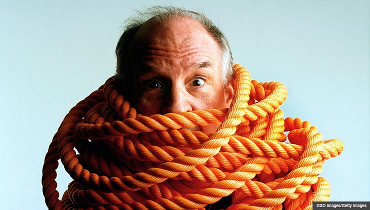 AARP advice about how to get out of a bad deal you made on your car, or your house, or a retail item- a man wrapped in thick rope