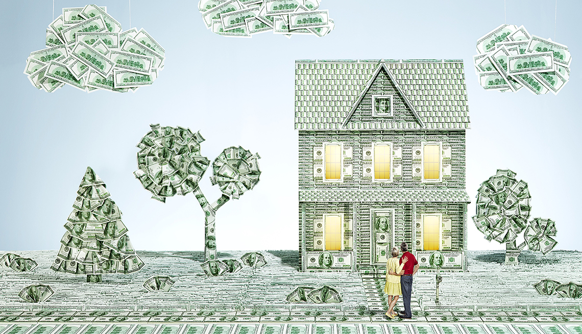 Ilustración de una casa en el campo hecha con dólares y aprende a como refinaciar tu hipoteca
