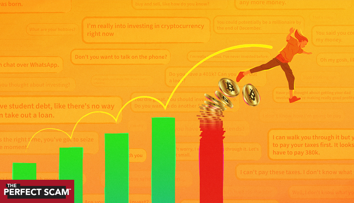 illustration of a woman leaping over bar graphs with the last graph being a red bar with crypto currency on top