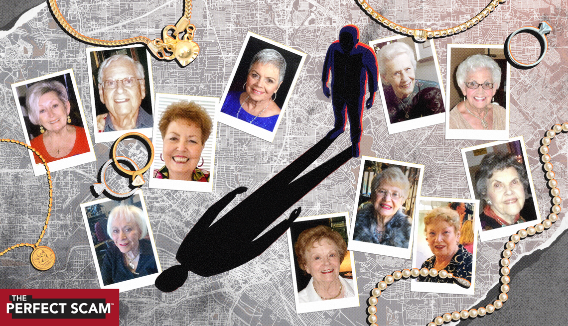 illustrated collage with images of the Texas elder murders victims surrounded by the wedding rings and necklaces